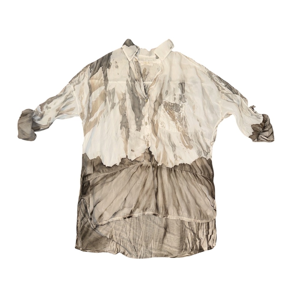 Scandal Italy Button Down Shirt Womens OS White Gray Silk Blend Sequin Boho